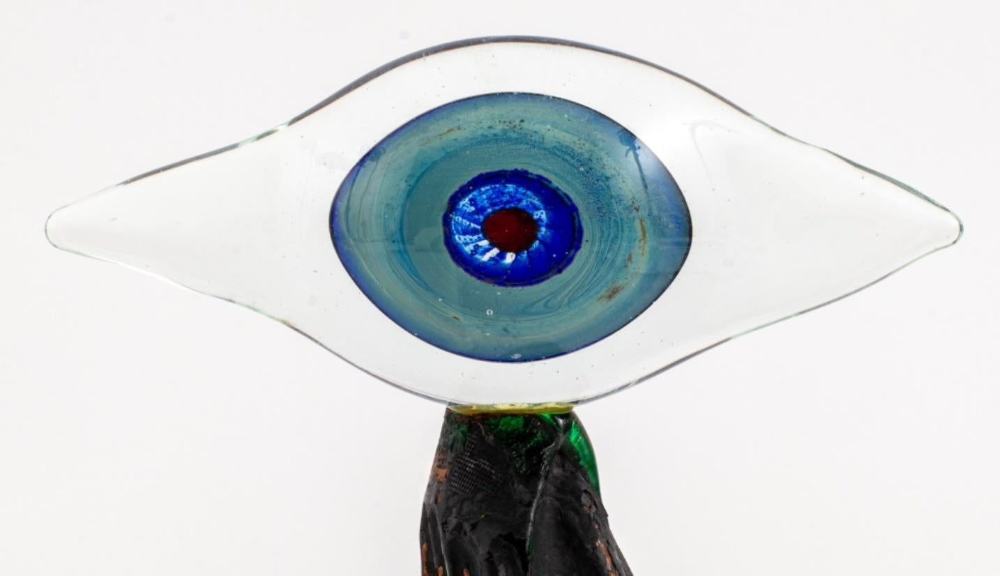 Daisuke Shintani (Japanese, XX-XXI) art glass sculpture depicting a blown glass eye form atop a textured green glass conical form, signed to underside. 4.5