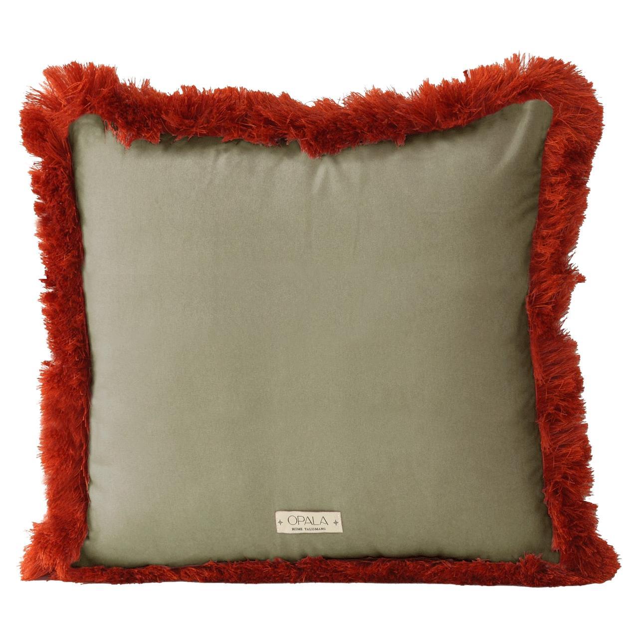 Coussin décoratif de luxe fait main, frange de brique marguerite et velours vert