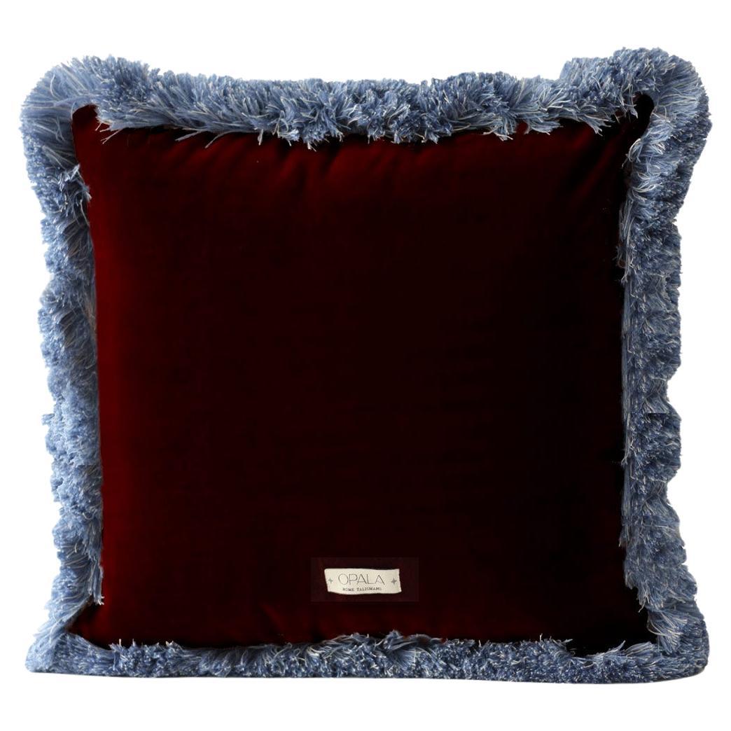 Daisy Burgundy Velvet Deluxe Handmade Decorative Cushion with blue fringe For Sale