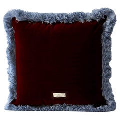Daisy Burgundy Velvet Deluxe Handmade Decorative Cushion with blue fringe