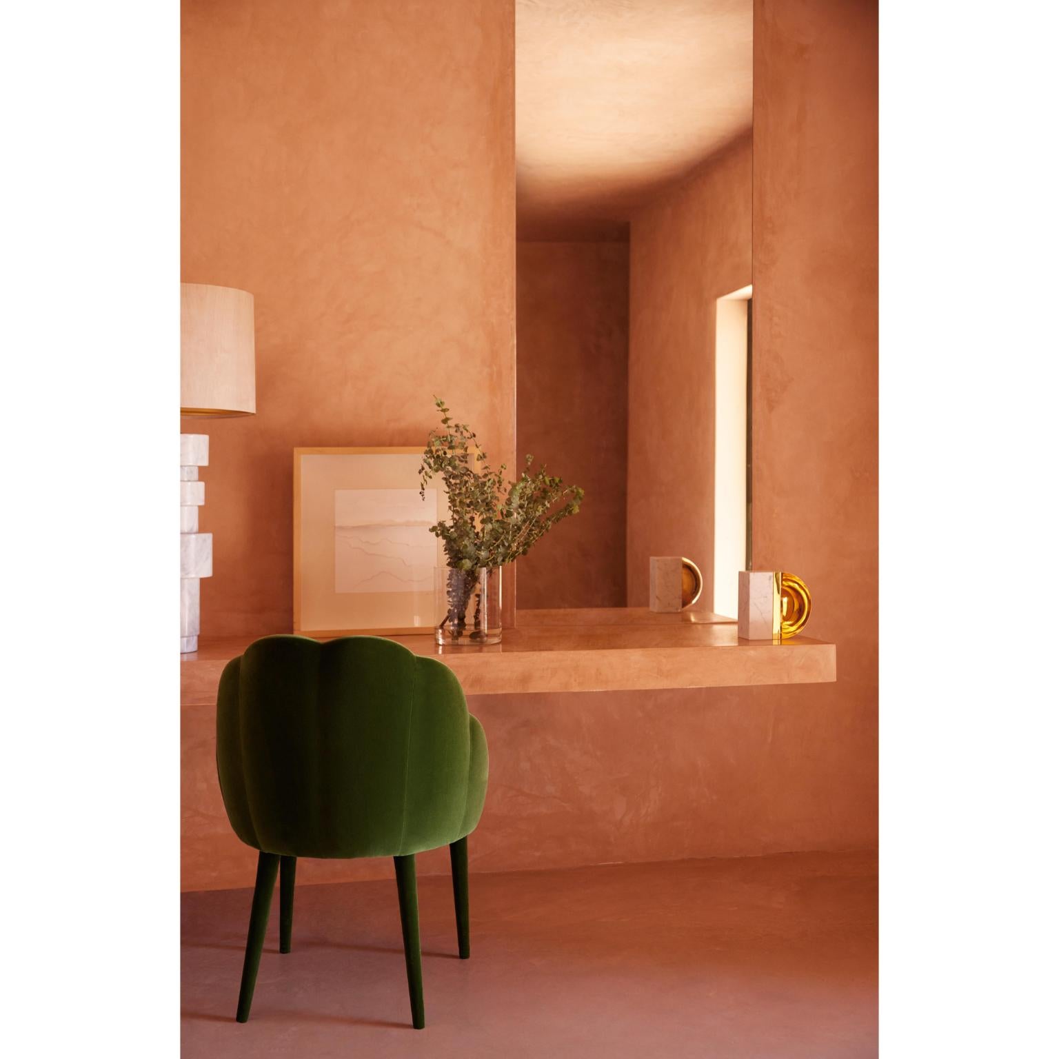 Daisy Chair by Munna
Dimensions: D 62 x W 64 x H 84 cm. SH: 48 cm.
Materials: Wood, foam, and upholstery.
Finish: Cotton Velvet.

Available in all Munna fabrics except Wild Silk. Available in client’s own
material. Available upholstered, Rosewood,
