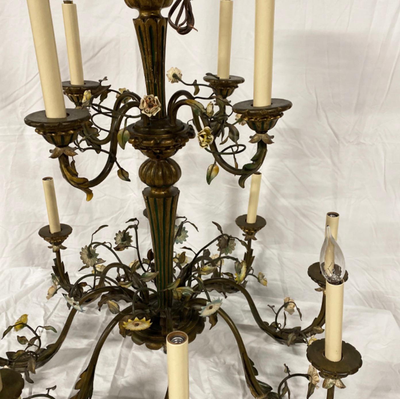 Daisy Chandelier

A large painted tole chandelier with foliage and floral motif on the body. 12-light.