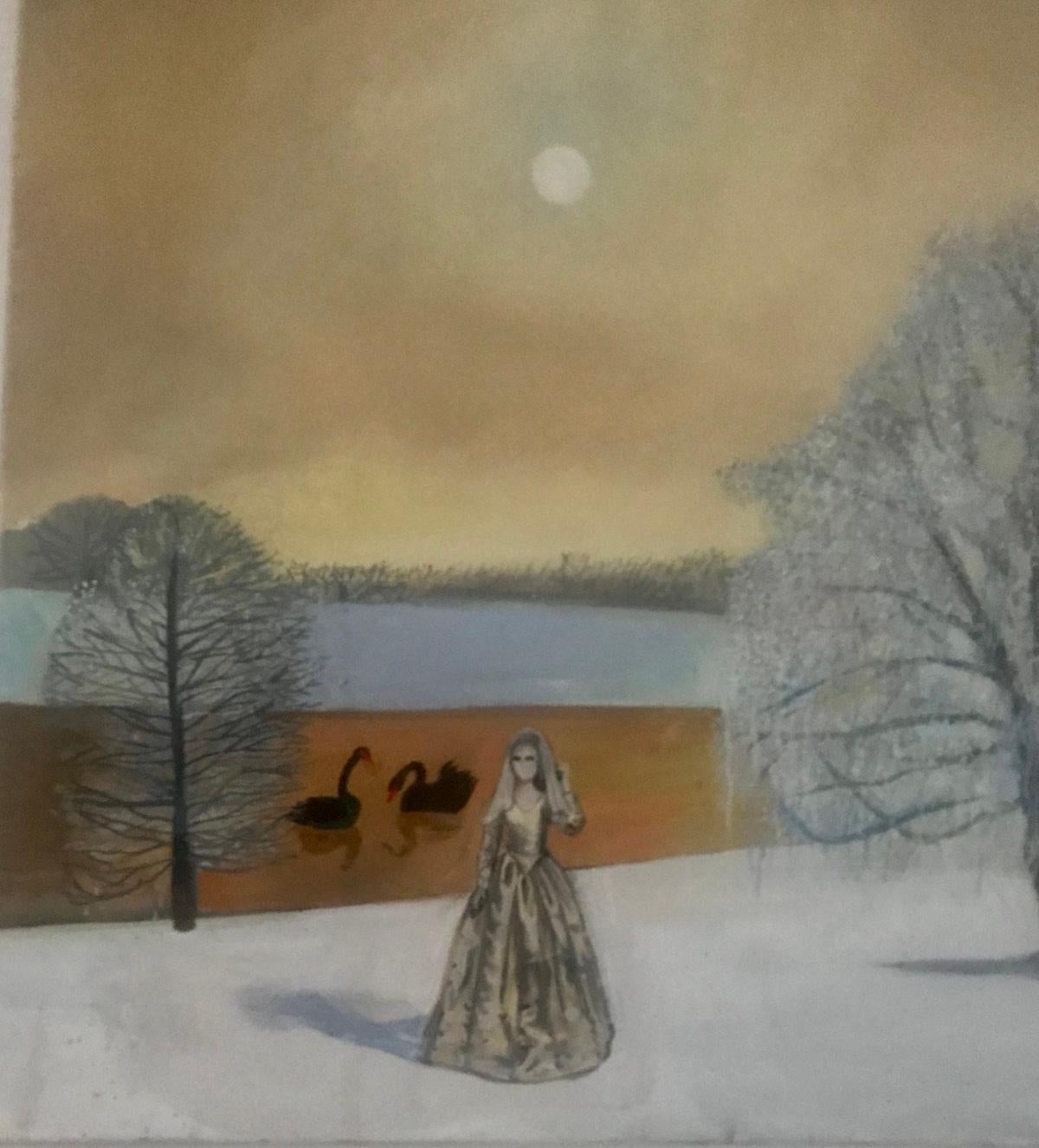 Le cygne noir, Daisy Clarke, peinture contemporaine, art figuratif, art de paysage - Marron Landscape Painting par Daisy Clarke 
