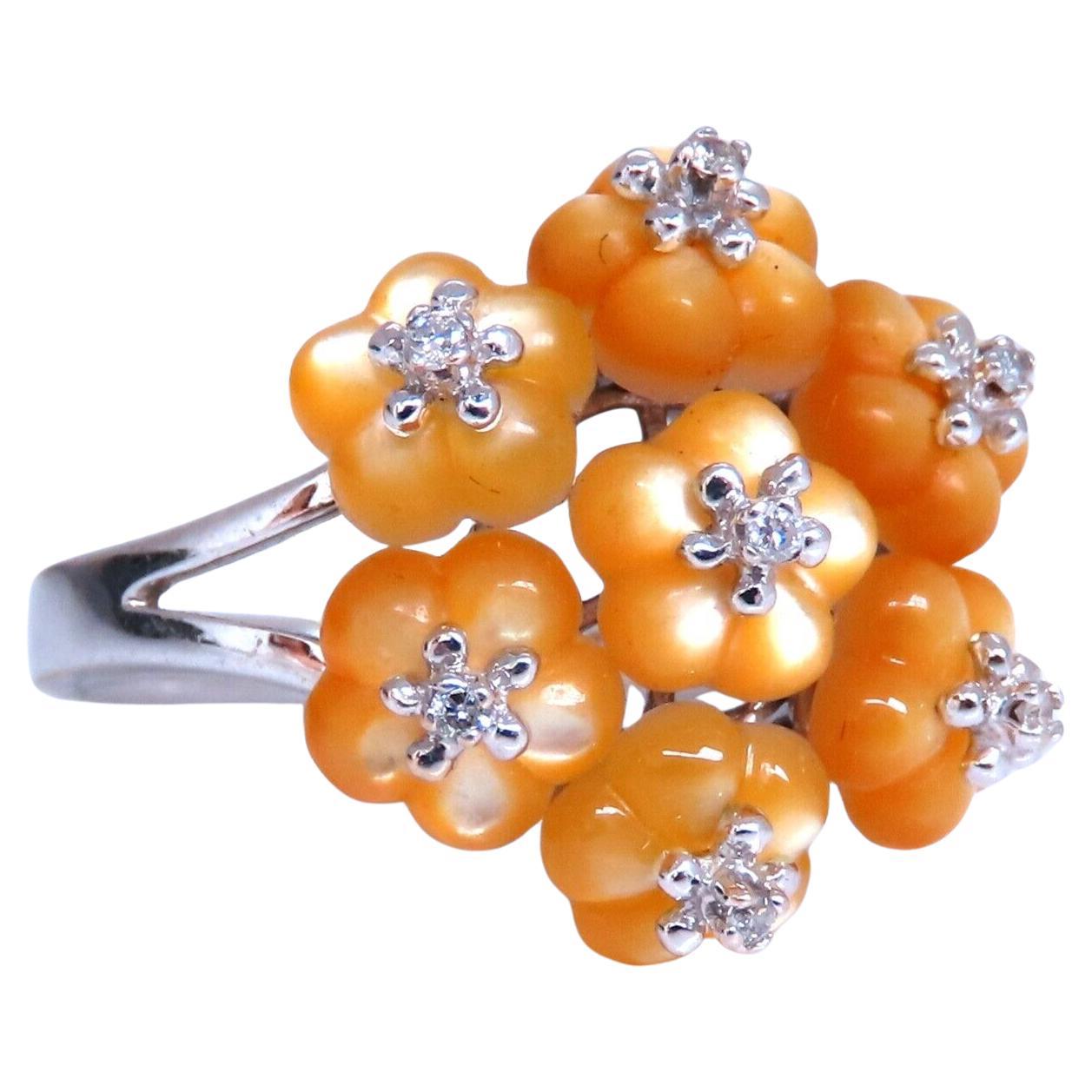 Daisy Cluster Mother of Pearl Ring .10ct Natural Diamonds 18k gold For Sale