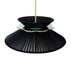 Daisy Contemporary Hanging Lamp 44, Black Silk, Silvered Neacklace Glass, Brass