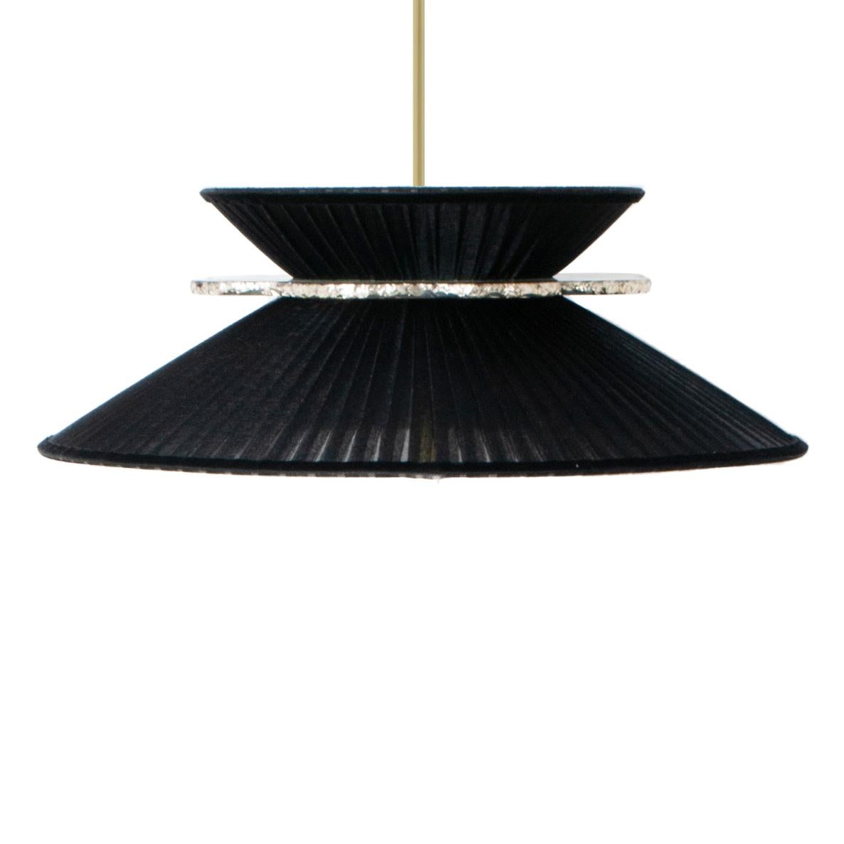 Modern Daisy Contemporary Hanging Lamp 44, Black Silk, Silvered Neacklace Glass, Brass For Sale