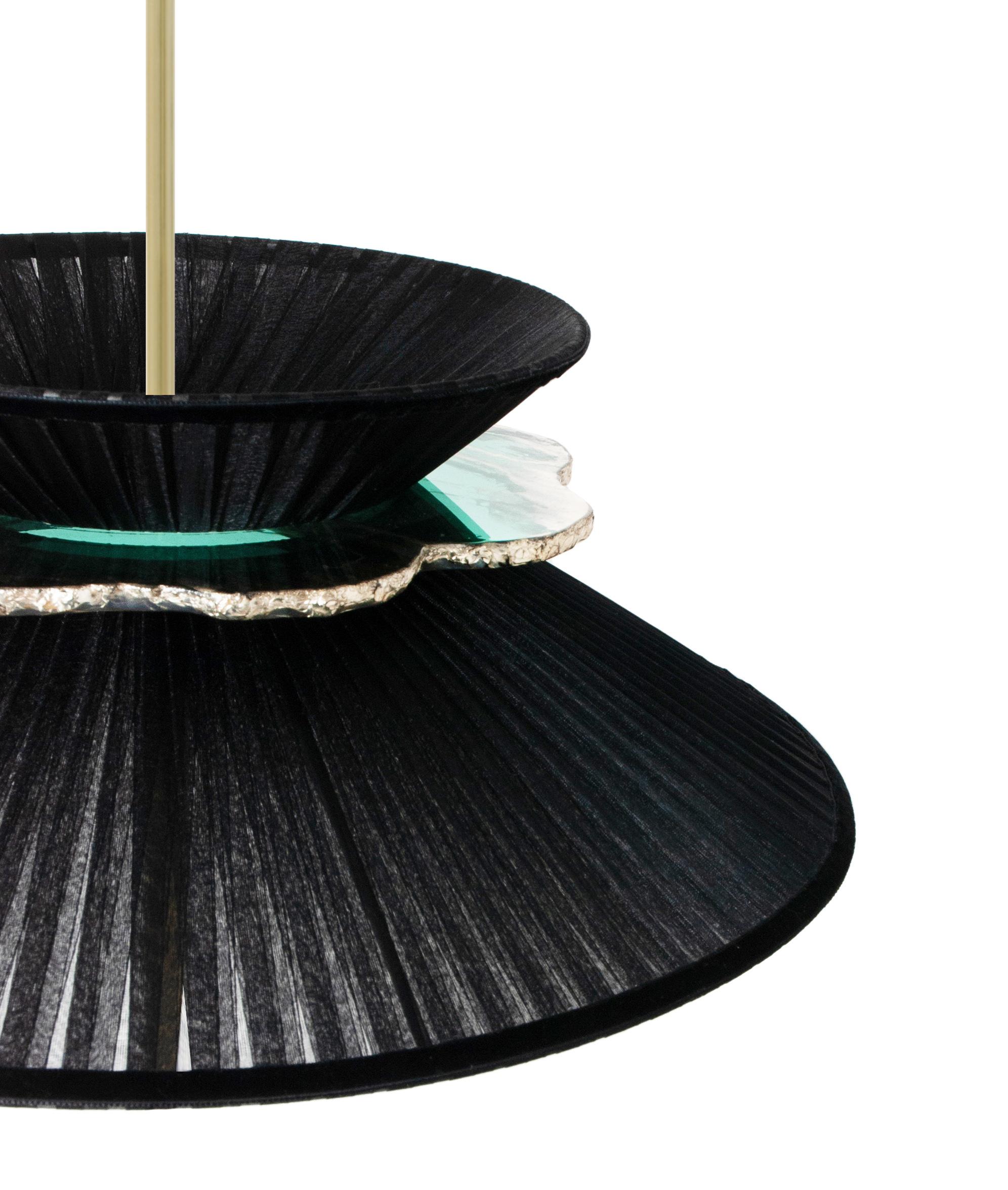 Italian Daisy Contemporary Hanging Lamp 44, Black Silk, Silvered Neacklace Glass, Brass For Sale