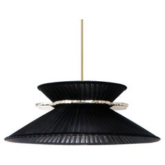 Daisy Contemporary Hanging Lamp 44, Black Silk, Silvered Neacklace Glass, Brass