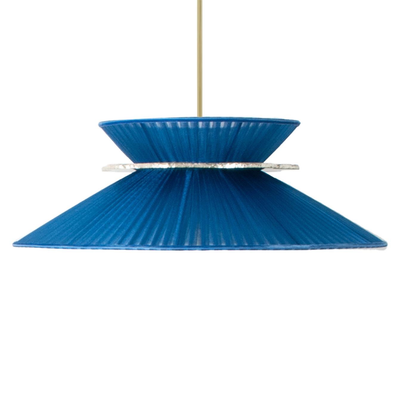 Modern Daisy Contemporary Hanging Lamp 44, Blue Silk, Silvered Neacklace Glass, Brass For Sale
