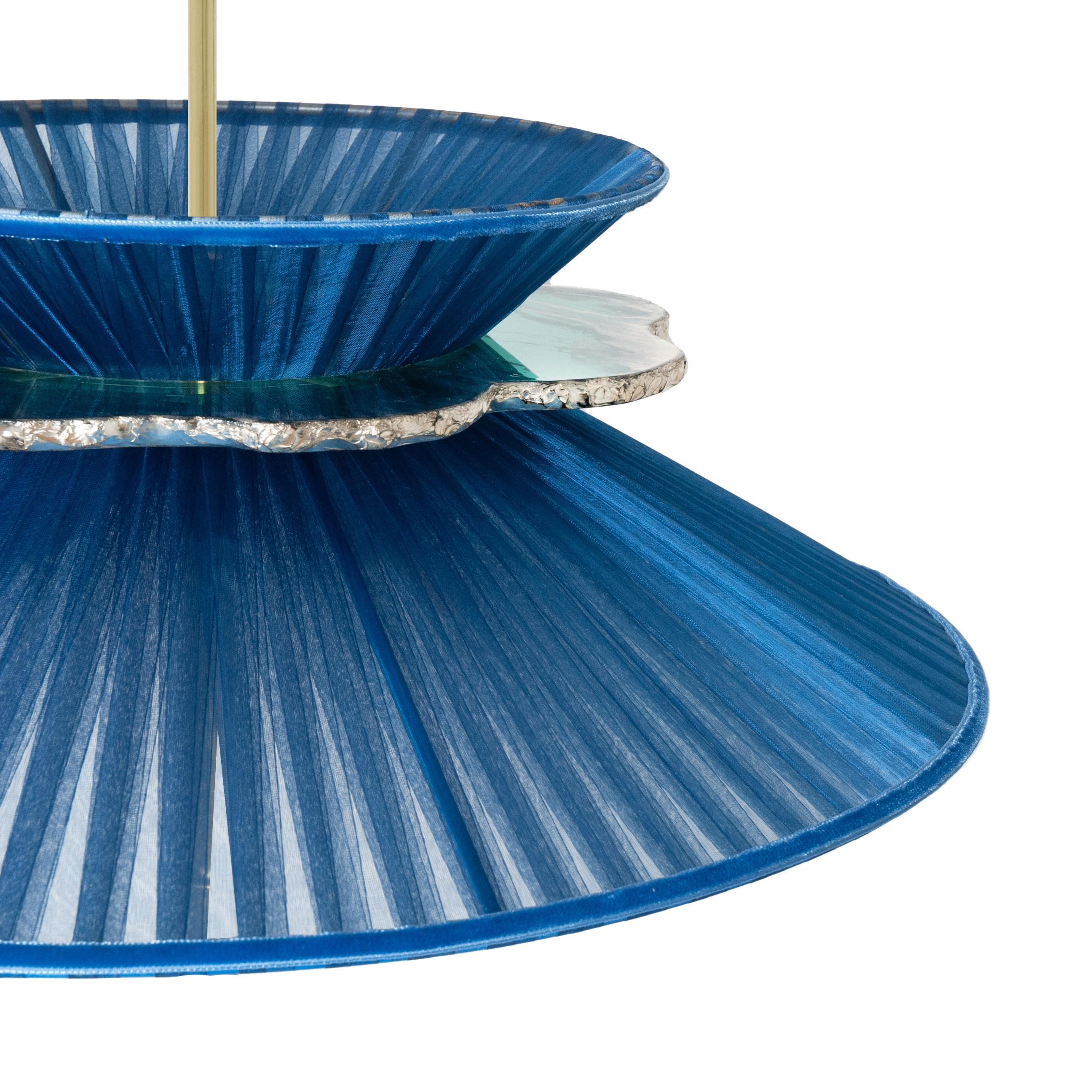 Italian Daisy Contemporary Hanging Lamp 44, Blue Silk, Silvered Neacklace Glass, Brass For Sale