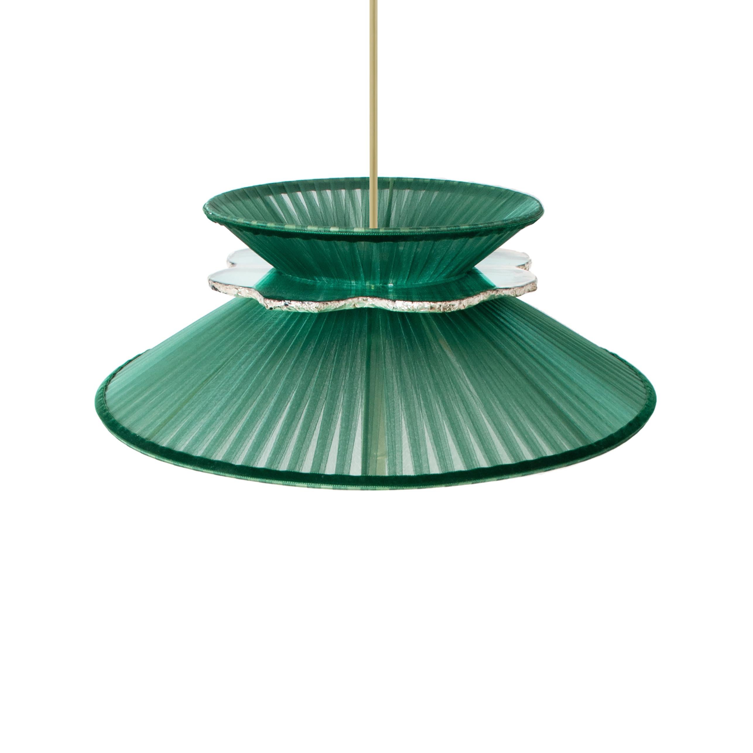 Modern Daisy Contemporary Hanging Lamp 44, Emerald Silk Silvered Neacklace Glass, Brass For Sale