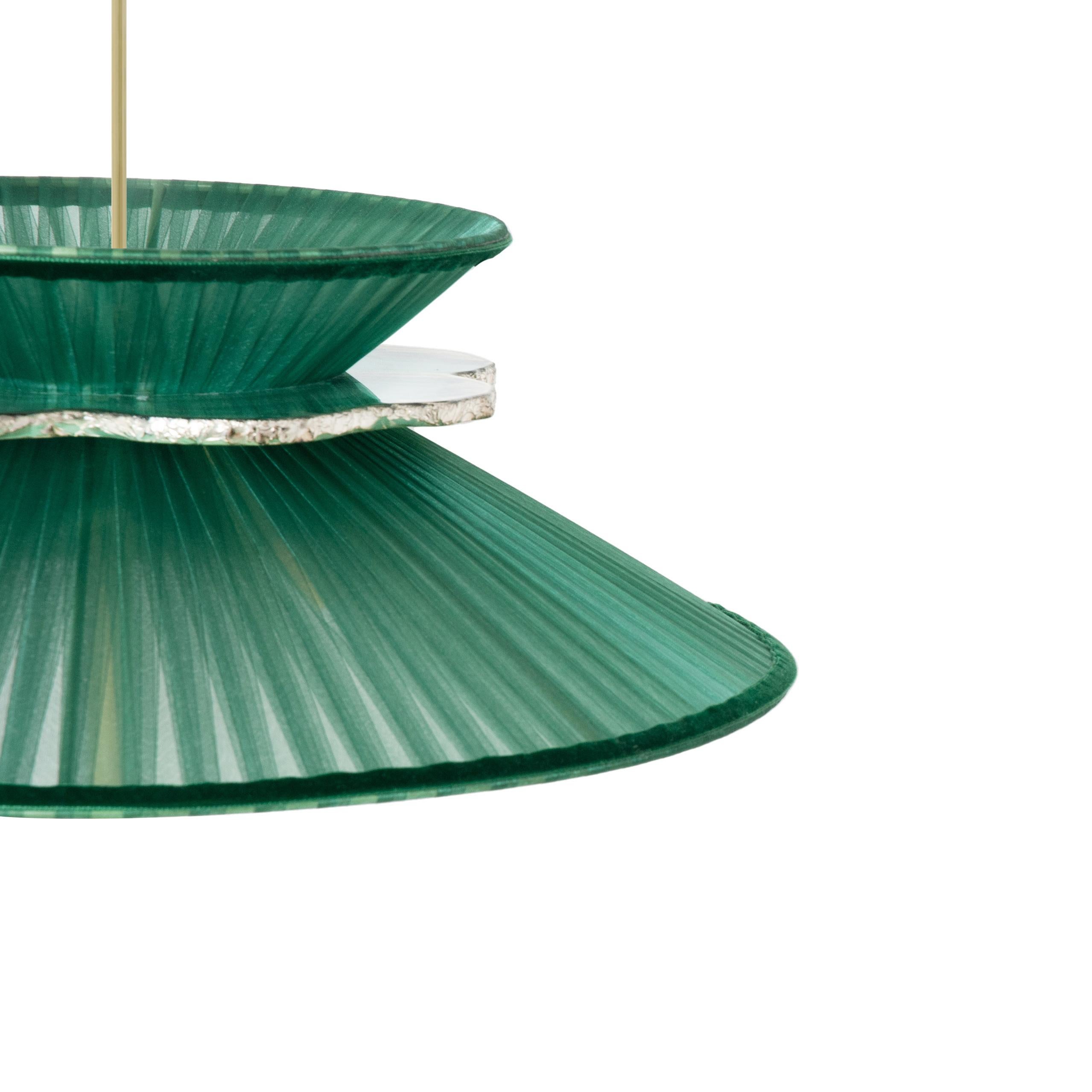 Italian Daisy Contemporary Hanging Lamp 44, Emerald Silk Silvered Neacklace Glass, Brass For Sale