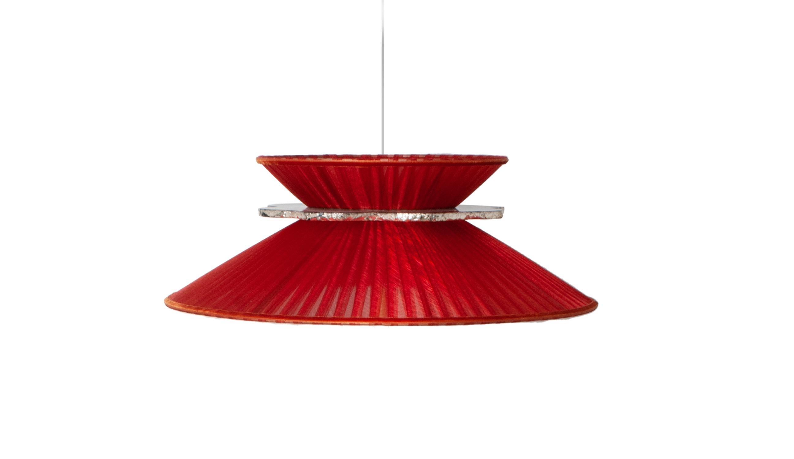 Italian Daisy Contemporary Hanging Lamp 44, Red Silk, Silvered Neacklace Glass, Brass For Sale