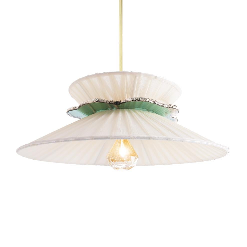 Modern Daisy Contemporary Hanging Lamp 44, Ivory Silk, Silvered Neacklace Glass, Brass For Sale