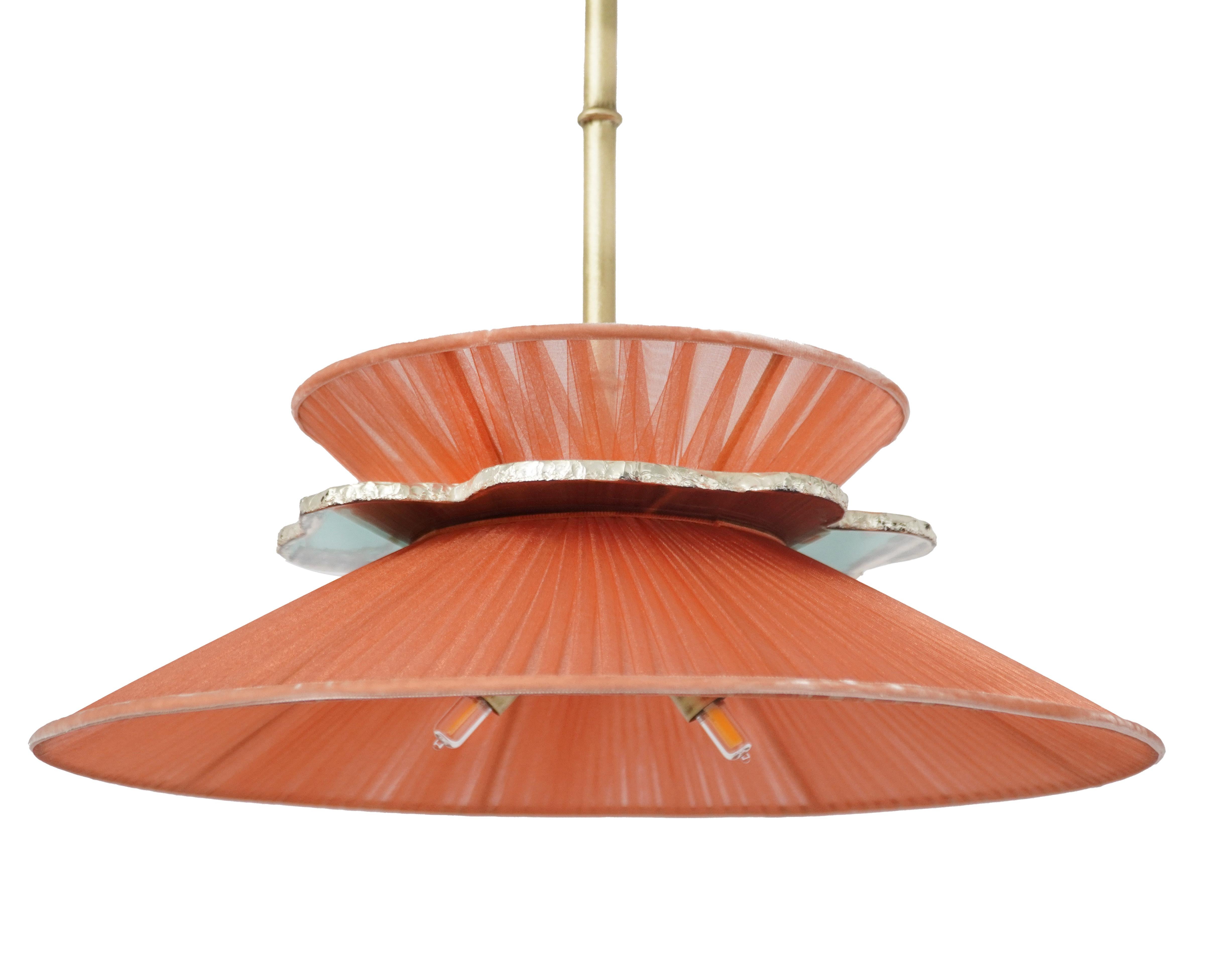 Modern Daisy Contemporary Hanging Lamp 44, Koral Silk, Silvered Neacklace Glass, Brass For Sale