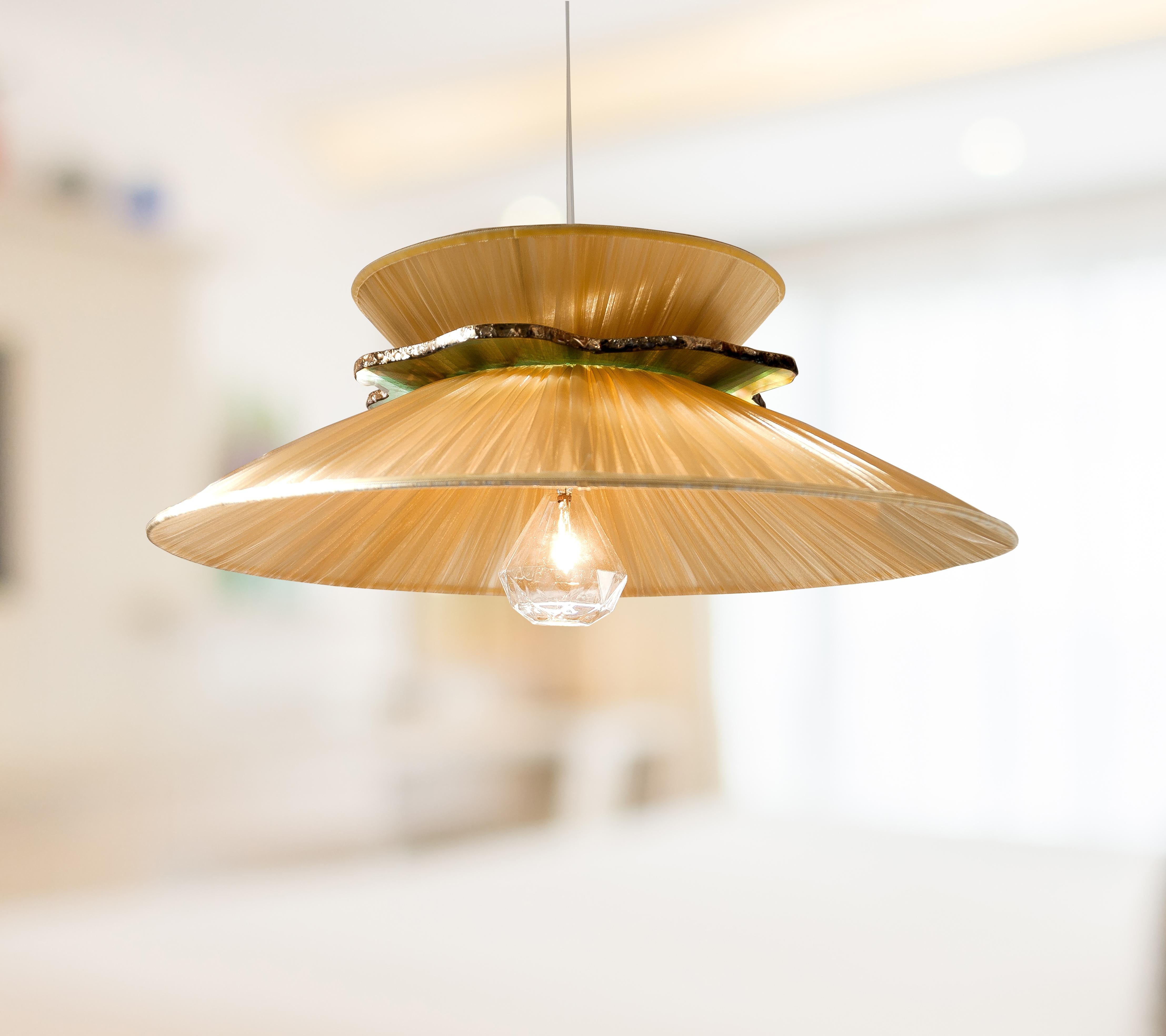 Daisy Contemporary Hanging Lamp 44, Koral Silk, Silvered Neacklace Glass, Brass In New Condition For Sale In Pietrasanta, IT