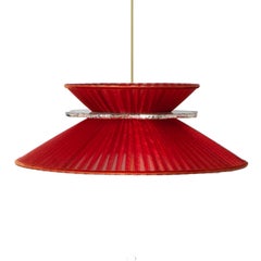 Daisy Contemporary Hanging Lamp 44, Red Silk, Silvered Neacklace Glass, Brass