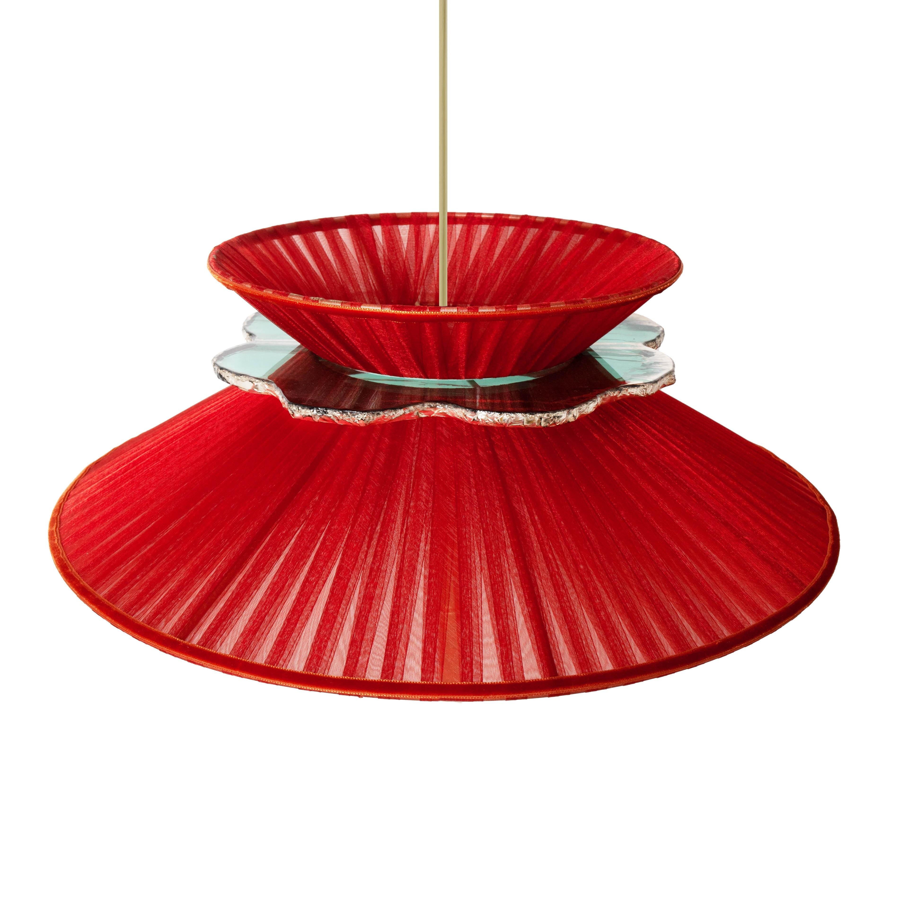 Modern Daisy Contemporary Hanging Lamp 44, Red Silk, Silvered Neacklace Glass, Brass For Sale