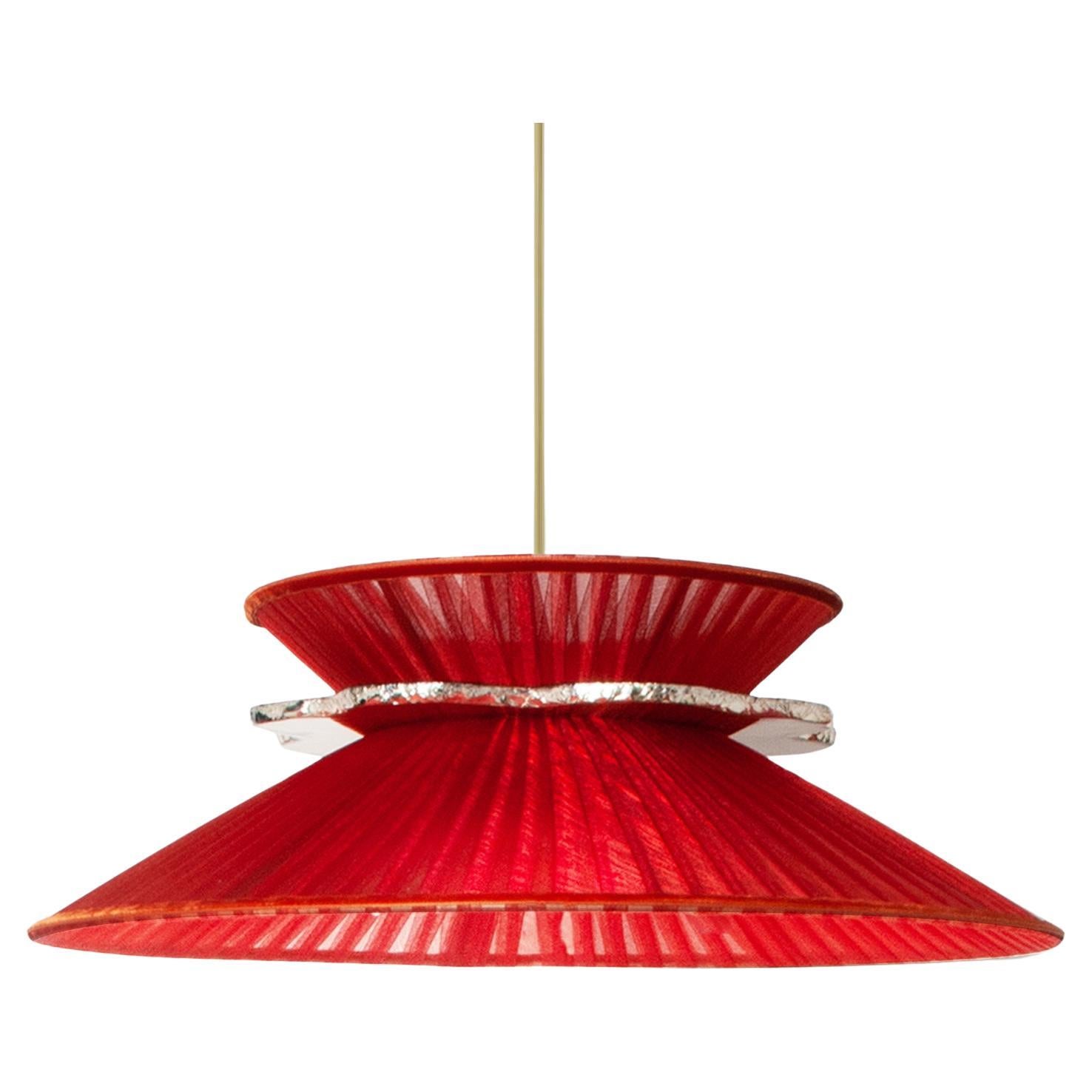 Daisy Contemporary Hanging Lamp 44, Red Silk, Silvered Neacklace Glass, Brass For Sale