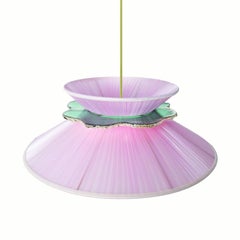 Daisy Contemporary Hanging Lamp 44, Rose Silk, Silvered Neacklace Glass, Brass