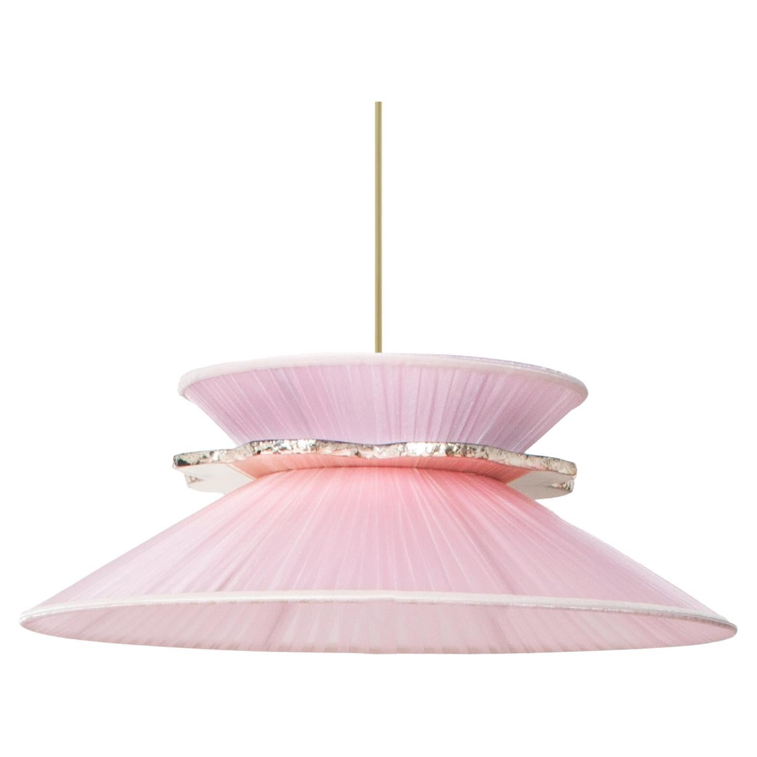 Daisy Contemporary Hanging Lamp 44, Rose Silk, Silvered Neacklace Glass, Brass For Sale