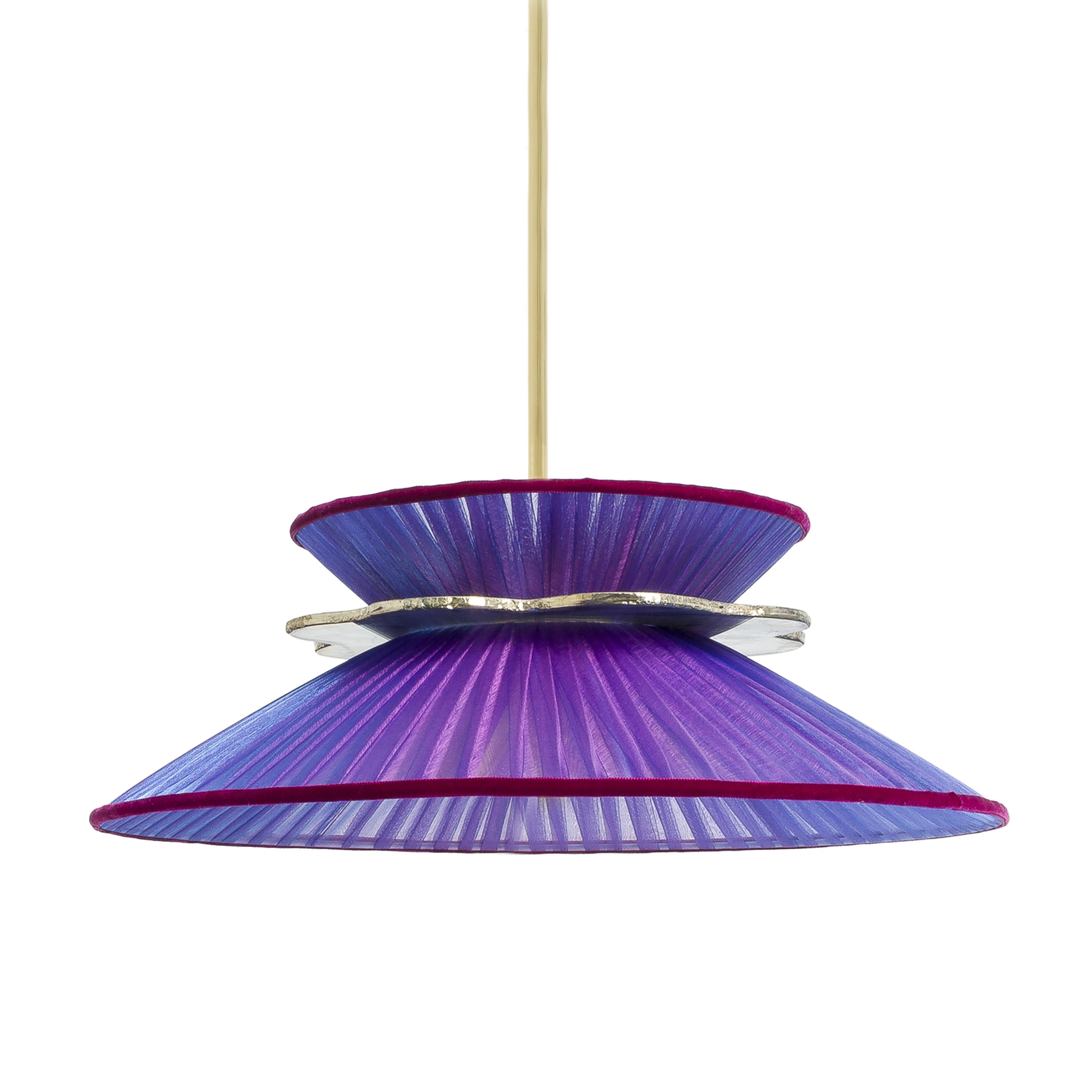Modern Daisy Contemporary Hanging Lamp 44, Sun Purple Silk, Neacklace Glass, Brass For Sale