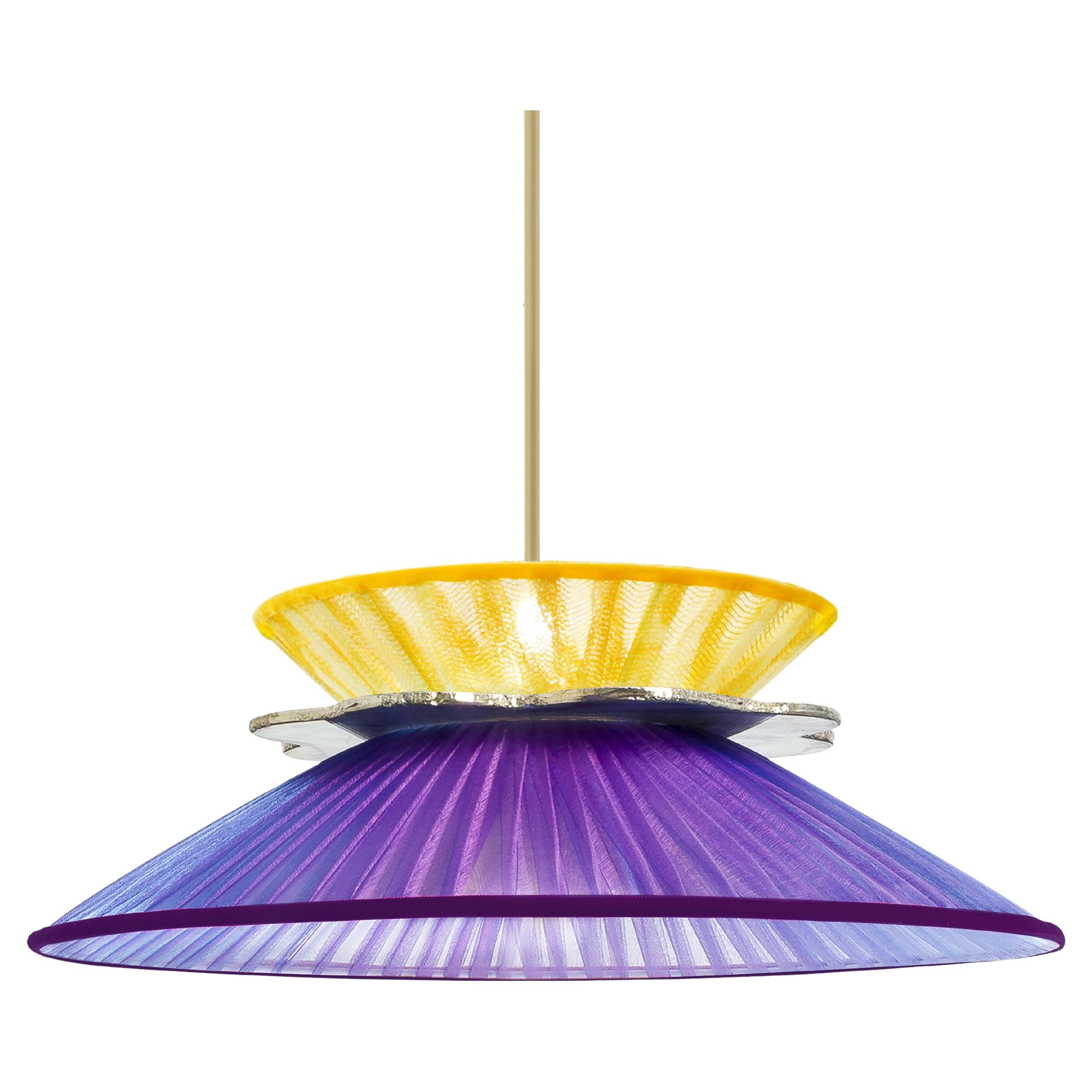 Daisy Contemporary Hanging Lamp 44, Sun Purple Silk, Neacklace Glass, Brass For Sale