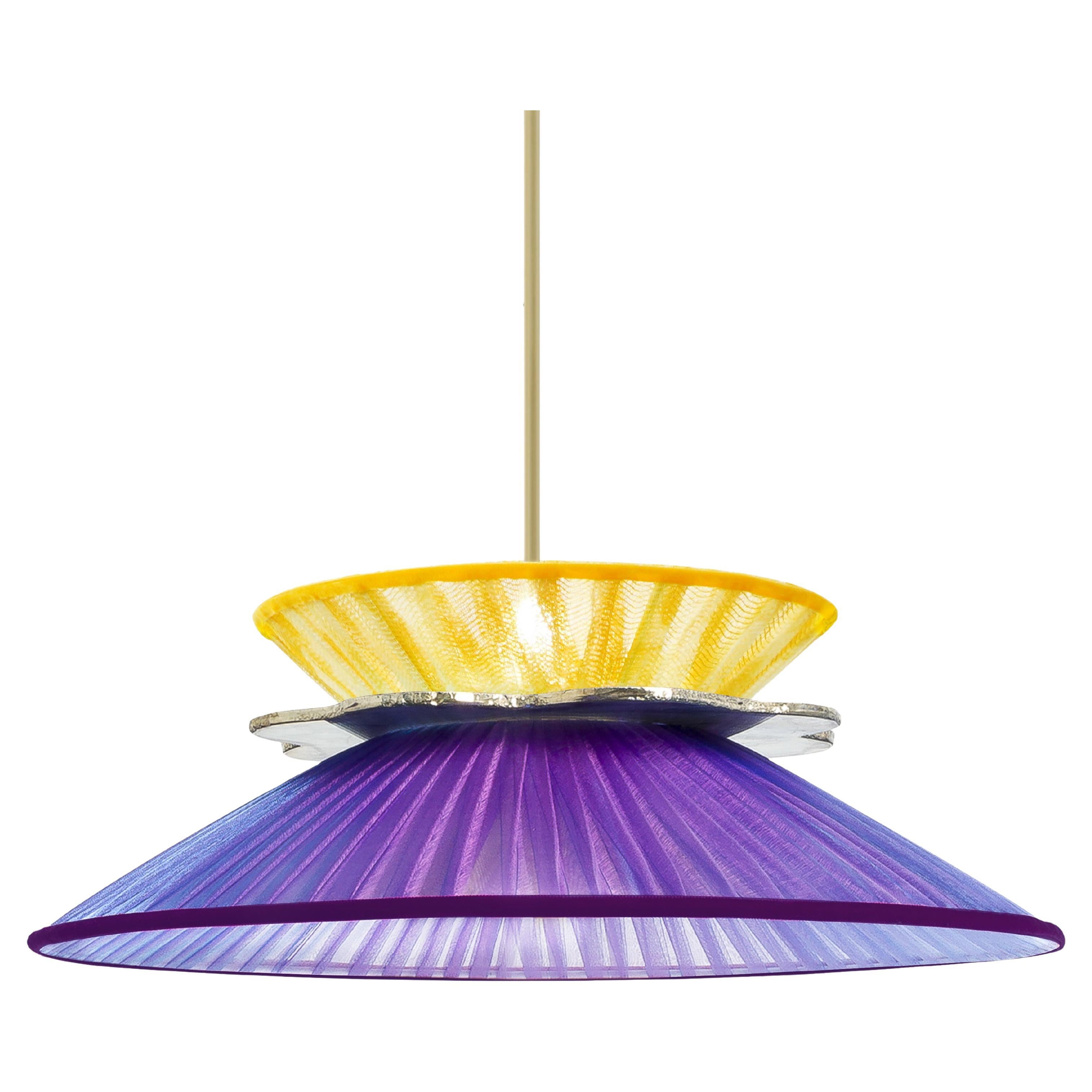 Daisy Contemporary Hanging Lamp 44, Sun Purple Silk, Neacklace Glass, Brass