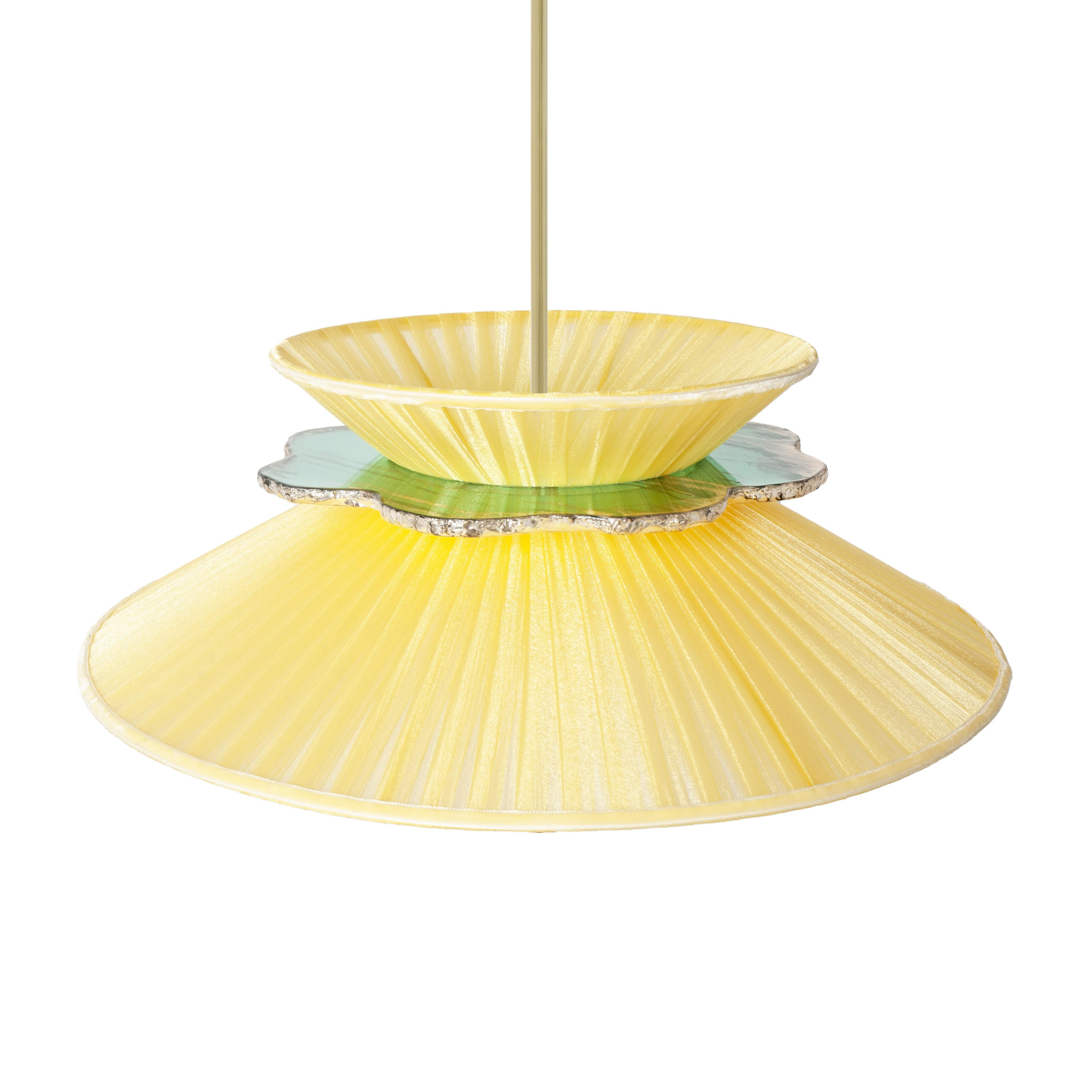 Modern Daisy Contemporary Hanging Lamp 44, Sun Silk, Silvered Neacklace Glass, Brass For Sale