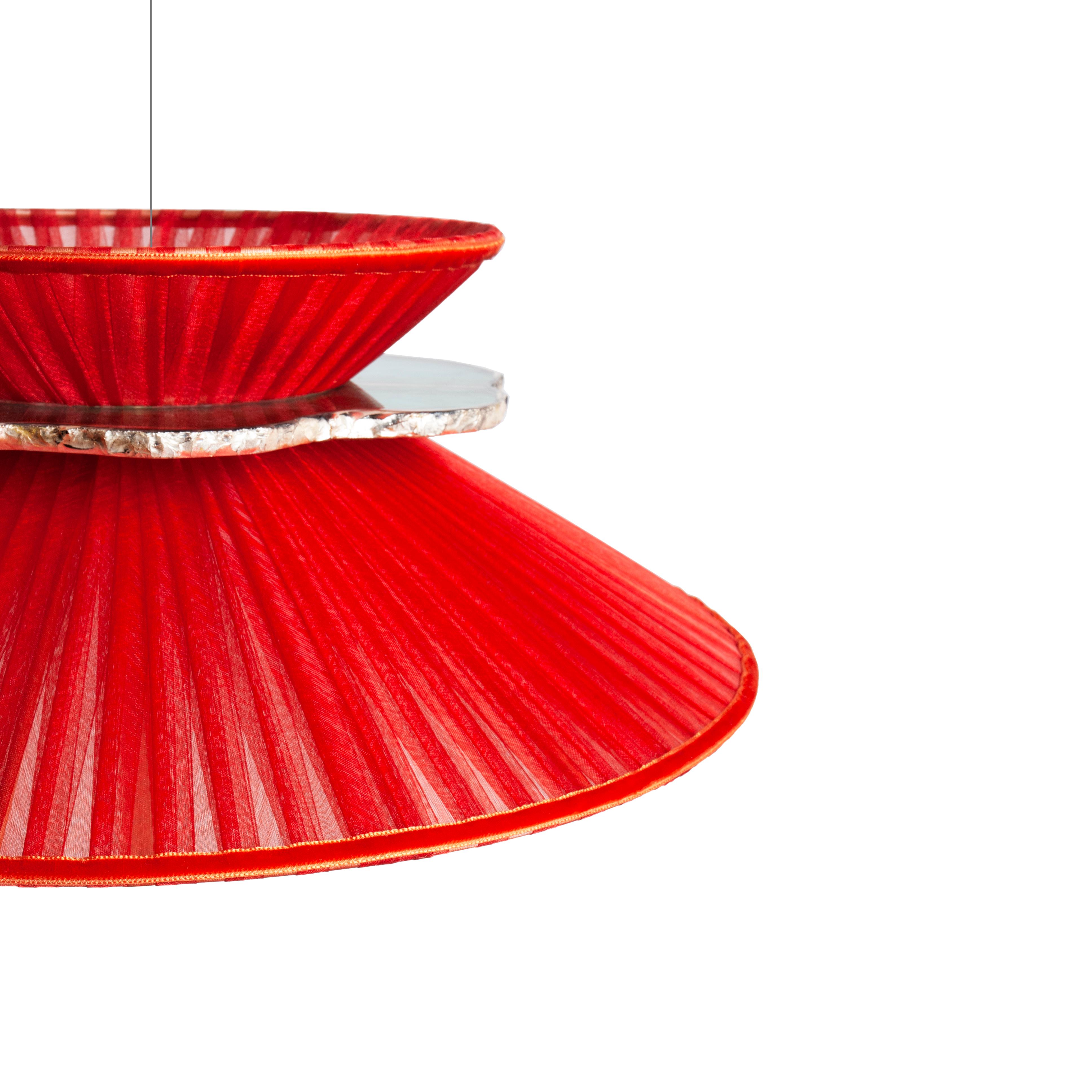 Modern Daisy Contemporary Hanging Lamp 44, Red Silk, Silvered Neacklace Glass, Brass For Sale