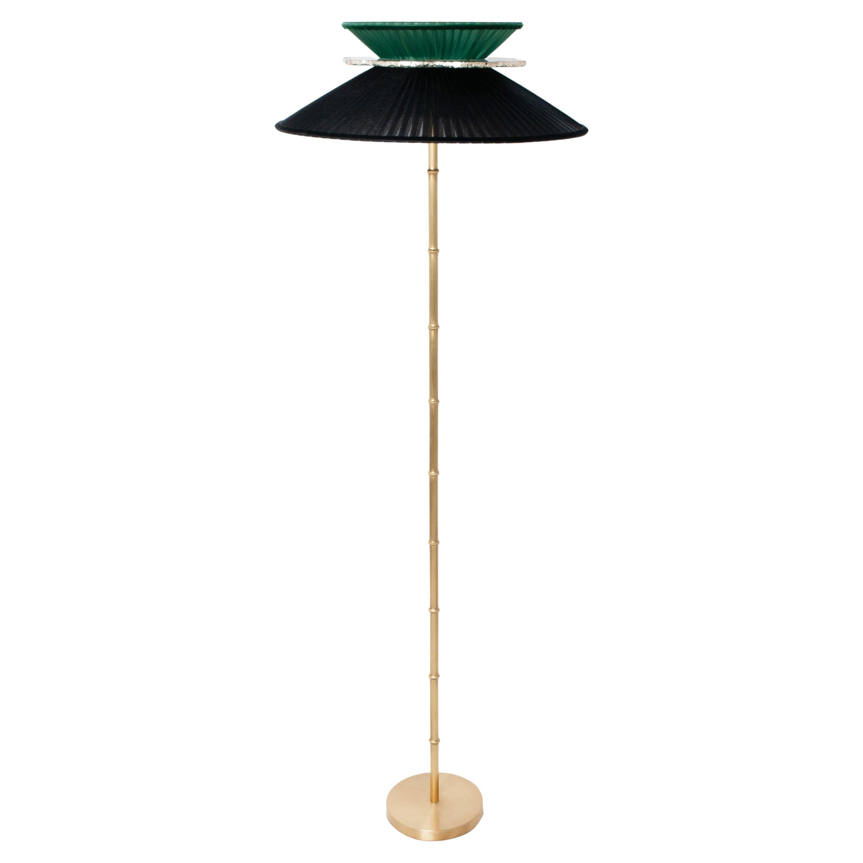 "Daisy" Contemporary Standing 44 Lamp, Black-Emerald Silk  Silvered Glass, Brass