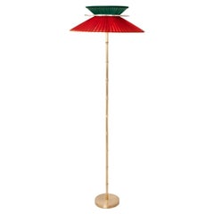 "Daisy" Contemporary Standing 44 Lamp, Red-Emerald Silk Silvered Glass, Brass