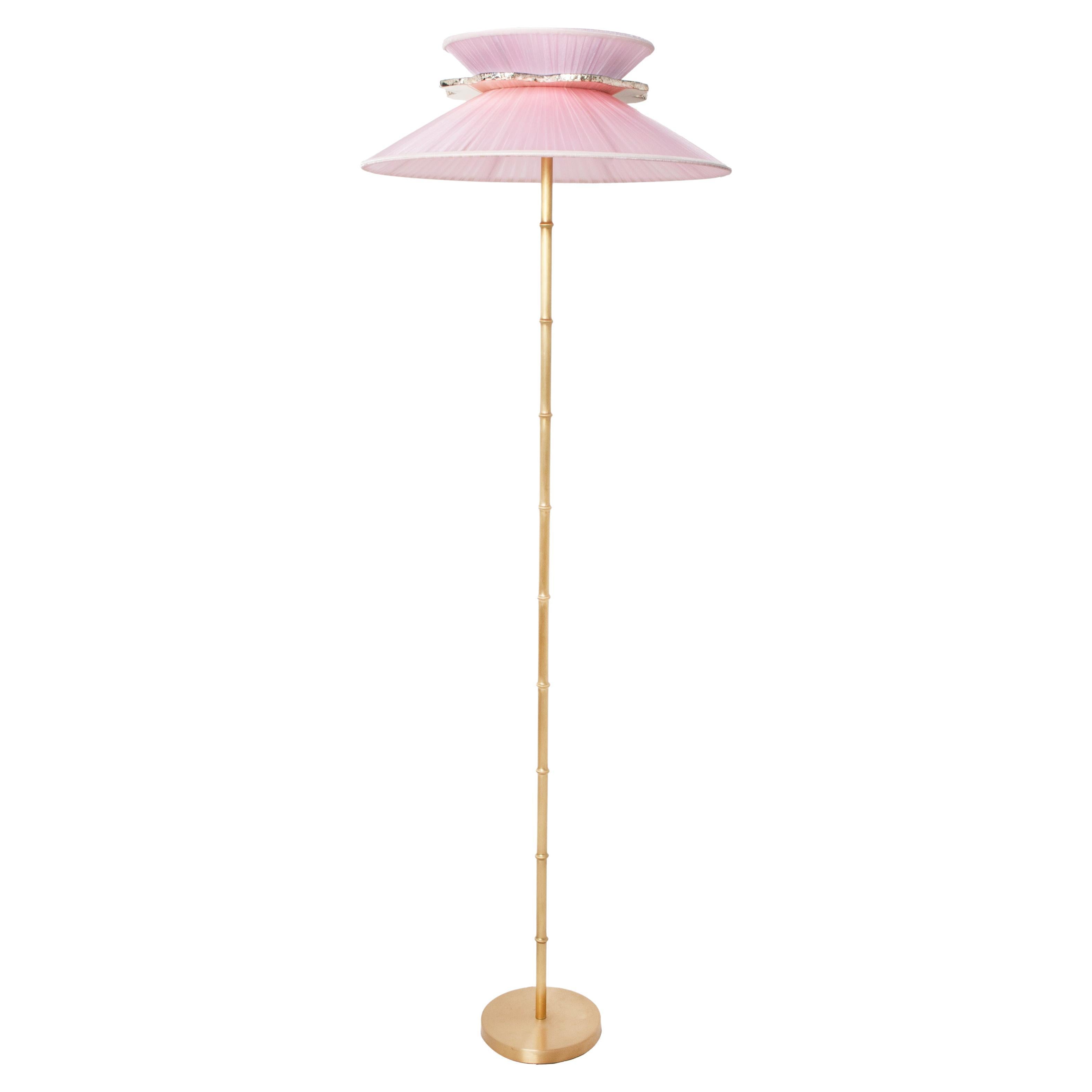 "Daisy" Contemporary Standing 44 Lamp, Rose Silk Silvered Glass, Brass