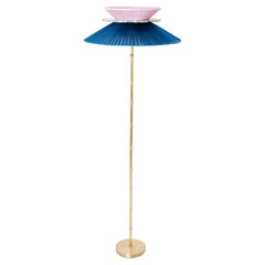 "Daisy" Contemporary Standing 44 Lamp, Sapphire-Rose Silk Silvered Glass, Brass