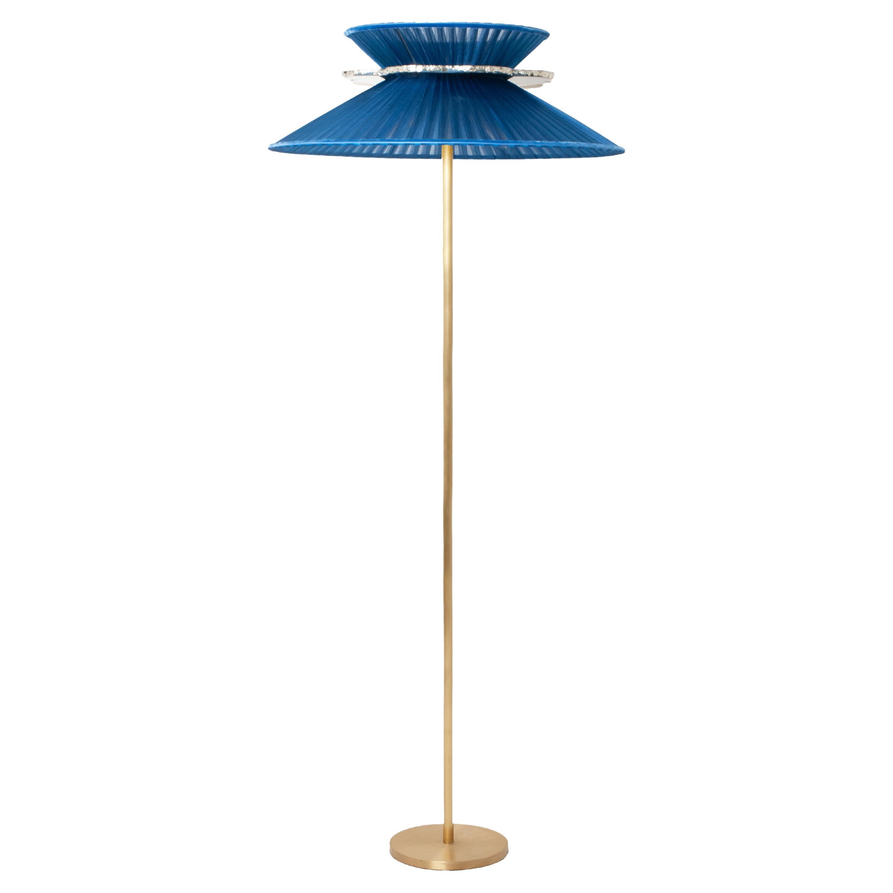 "Daisy" Contemporary Standing 44 Lamp, Sapphire Silk Silvered Glass, Brass For Sale