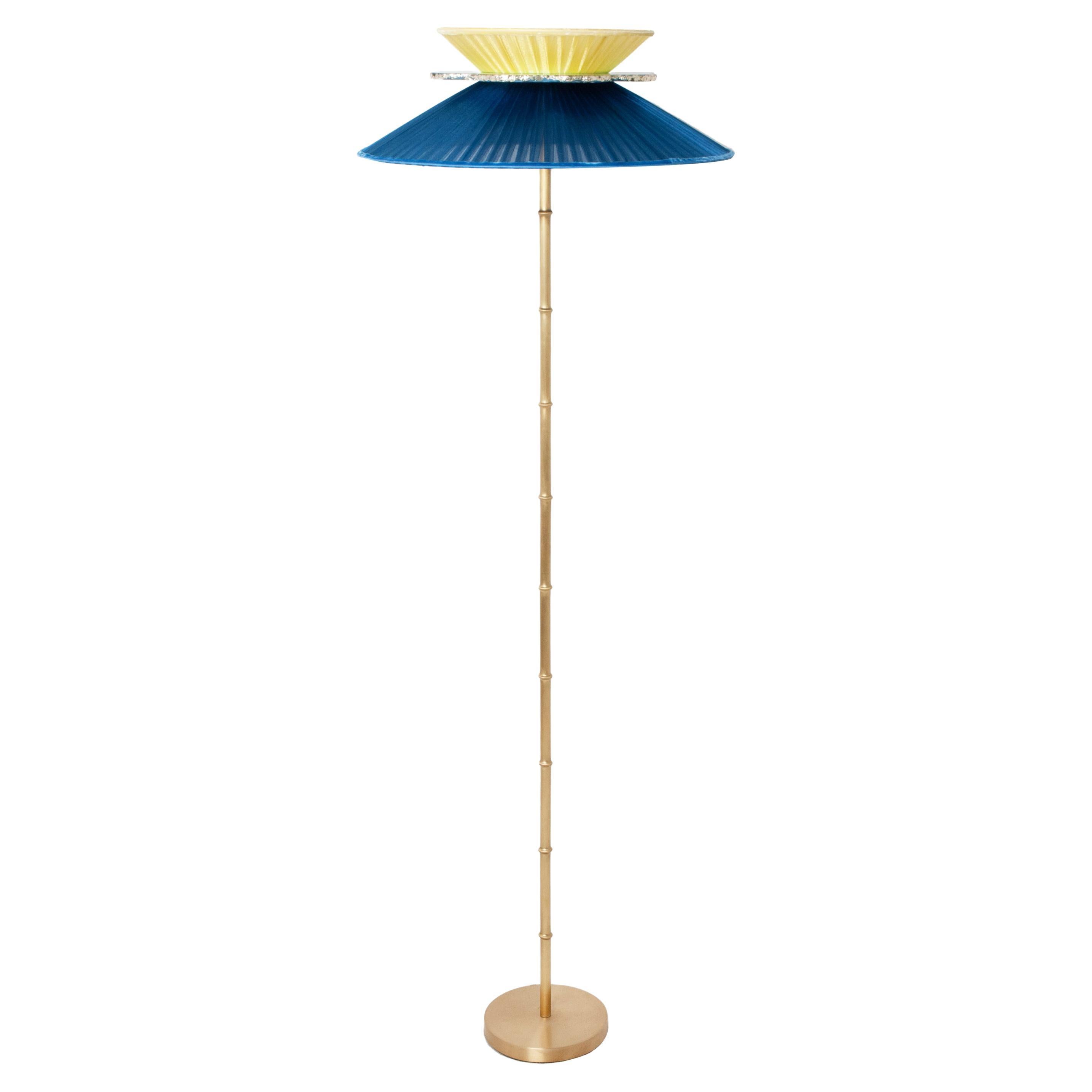 "Daisy" Contemporary Standing 44 Lamp, Sapphire-Sun Silk Silvered Glass, Brass