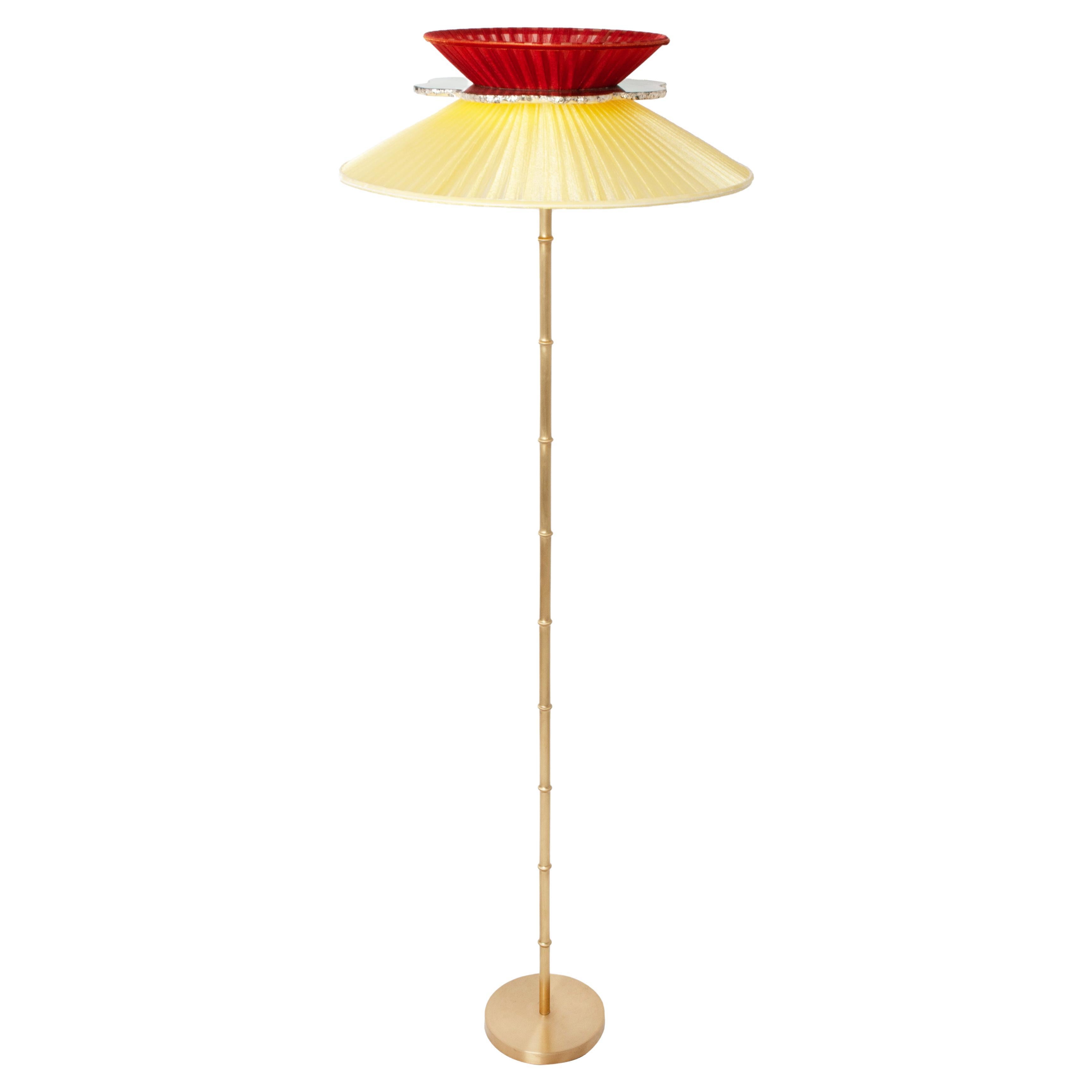 "Daisy" Contemporary Standing 44 Lamp, Sun-Red Silk  Silvered Glass, Brass
