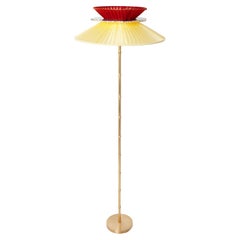 "Daisy" Contemporary Standing 44 Lamp, Sun-Red Silk  Silvered Glass, Brass