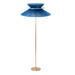 "Daisy" Contemporary Standing 60 Lamp, Sapphire Silk, Silvered Glass, Brass