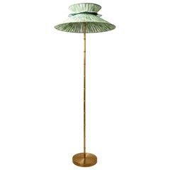 "Daisy" Contemporary Standing Lamp, Chalky Gauze, Silvered Glass, Brass