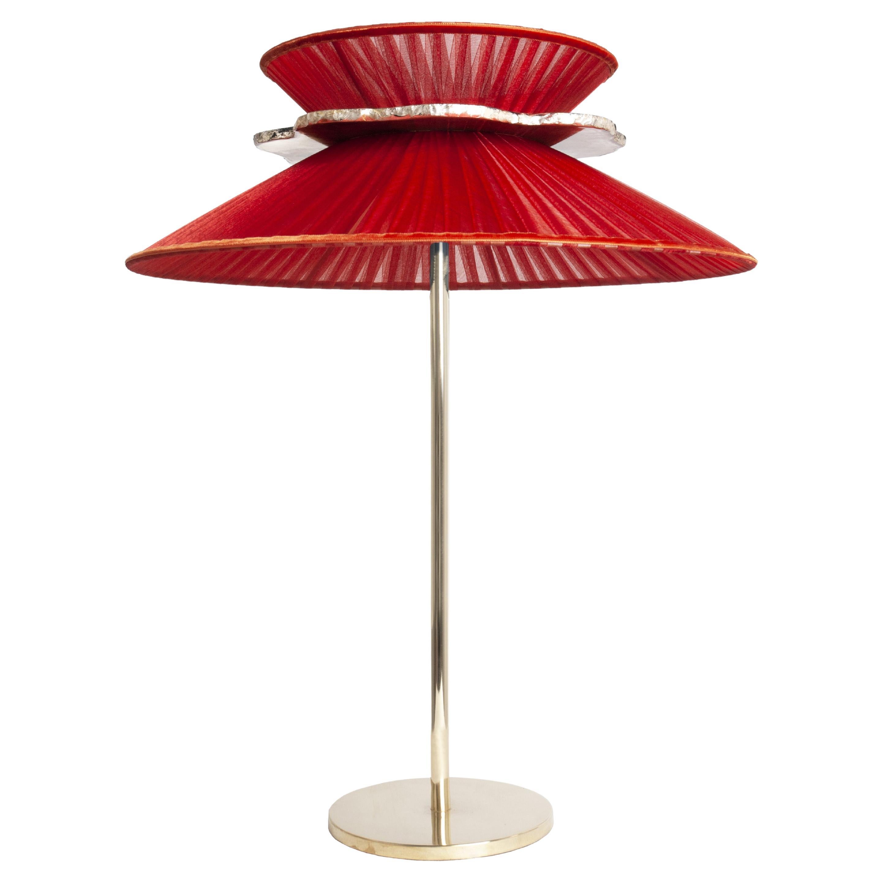 Daisy Contemporary Tischlampe 44 Rotes Seidenglas Versilbertes Collier, Messing