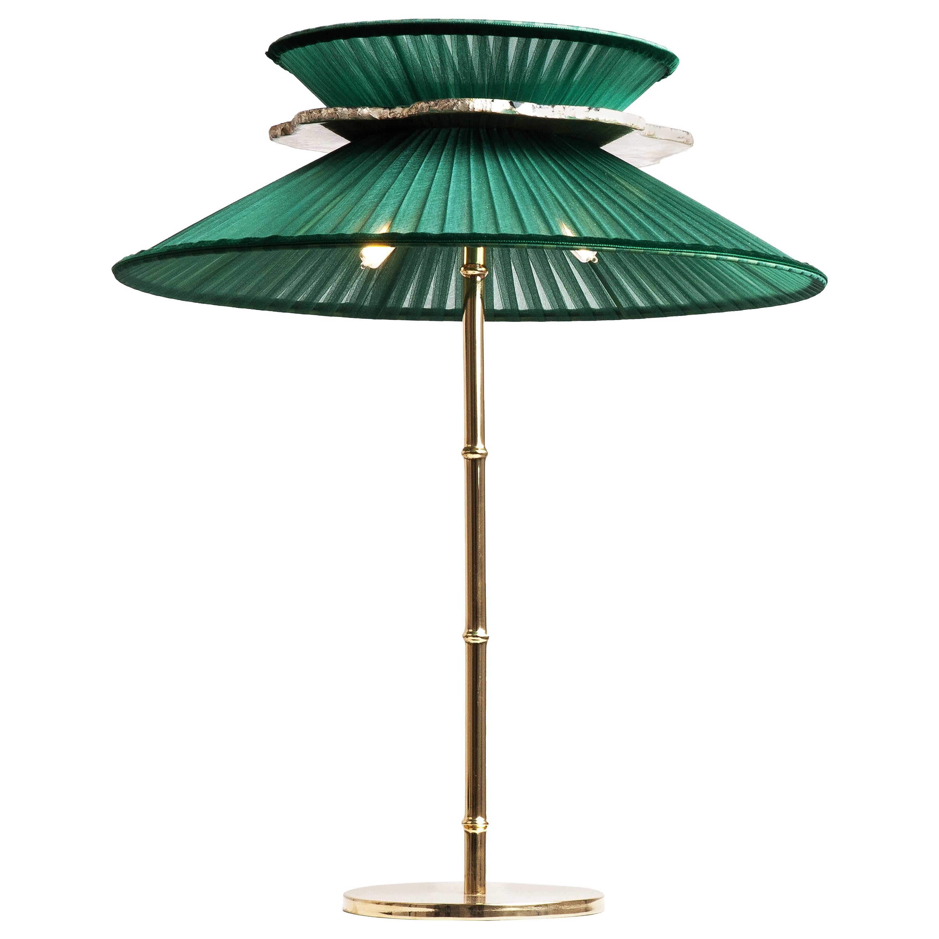 Daisy Contemporary Table Lamp Emerald Silk Glass Silvered Necklace, Gloss Brass