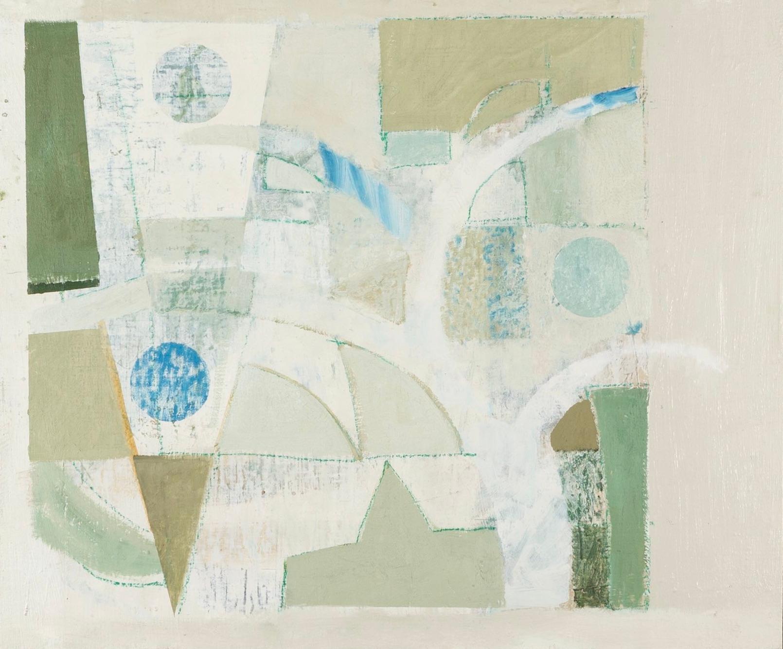 Abstract Painting di Daisy Cook - Sotto l'albero II, 2024 - Pittura a olio astratta di colore bianco, grigio e verde