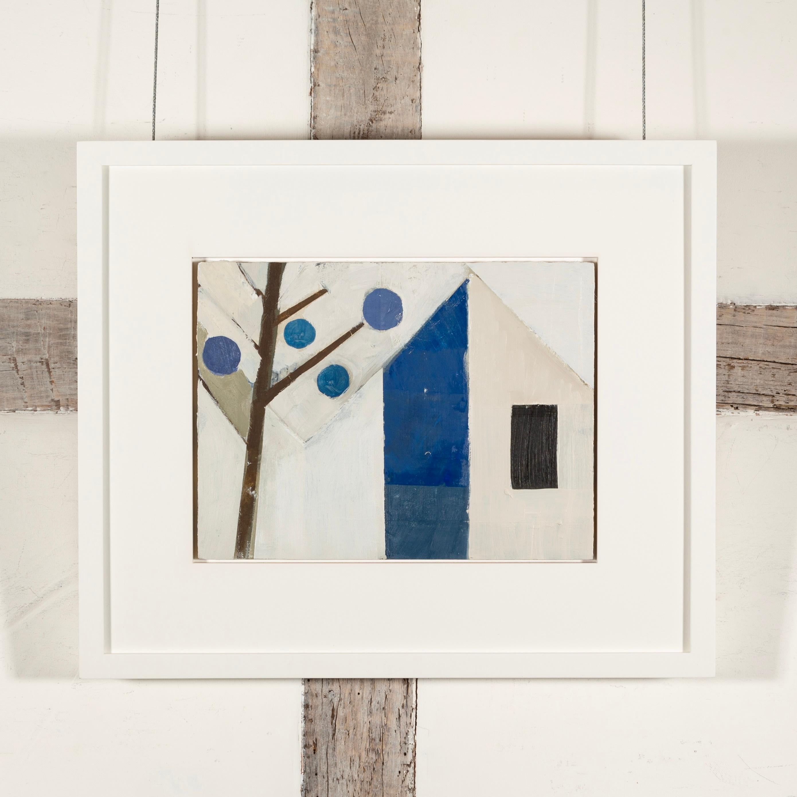 Blue House, Geometric Abstracted Blue and White House with Tree, 2024 - Painting by Daisy Cook