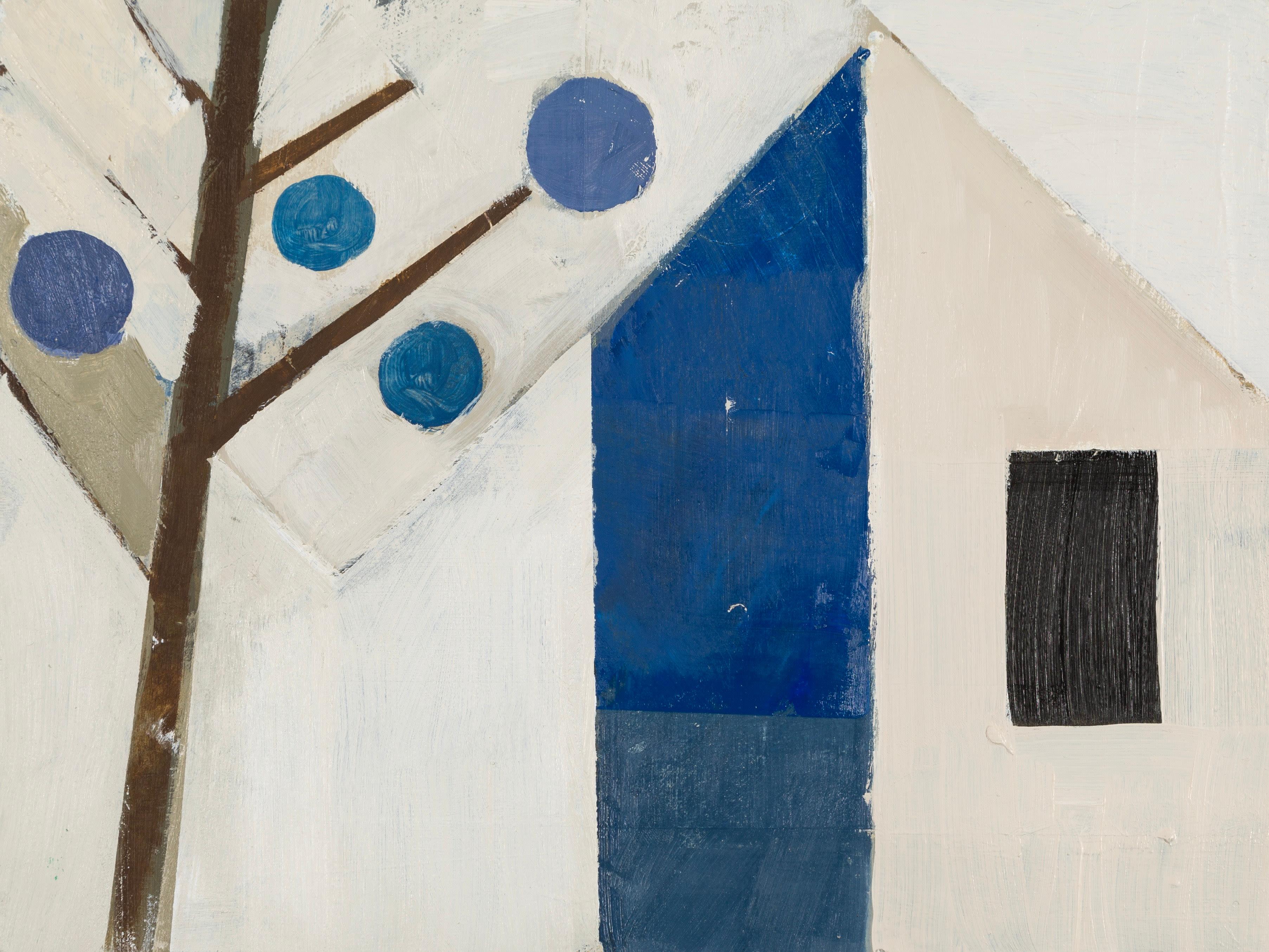 Blue House, Geometric Abstracted Blue and White House with Tree, 2024