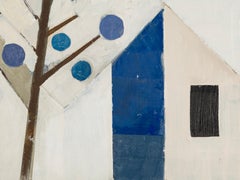Casa blu, casa astratta geometrica in bianco e blu con albero, 2024