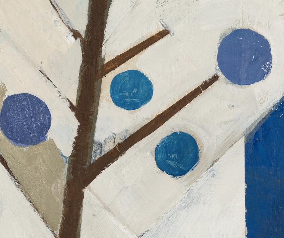 Blue House, Geometric Abstracted Blue and White House with Tree, 2024 - Beige Abstract Painting by Daisy Cook
