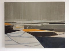 Overlay - large abstract landscape oil painting with grey and orange, minimalist