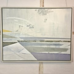 Steppings - large abstract landscape oil painting with grey and blue