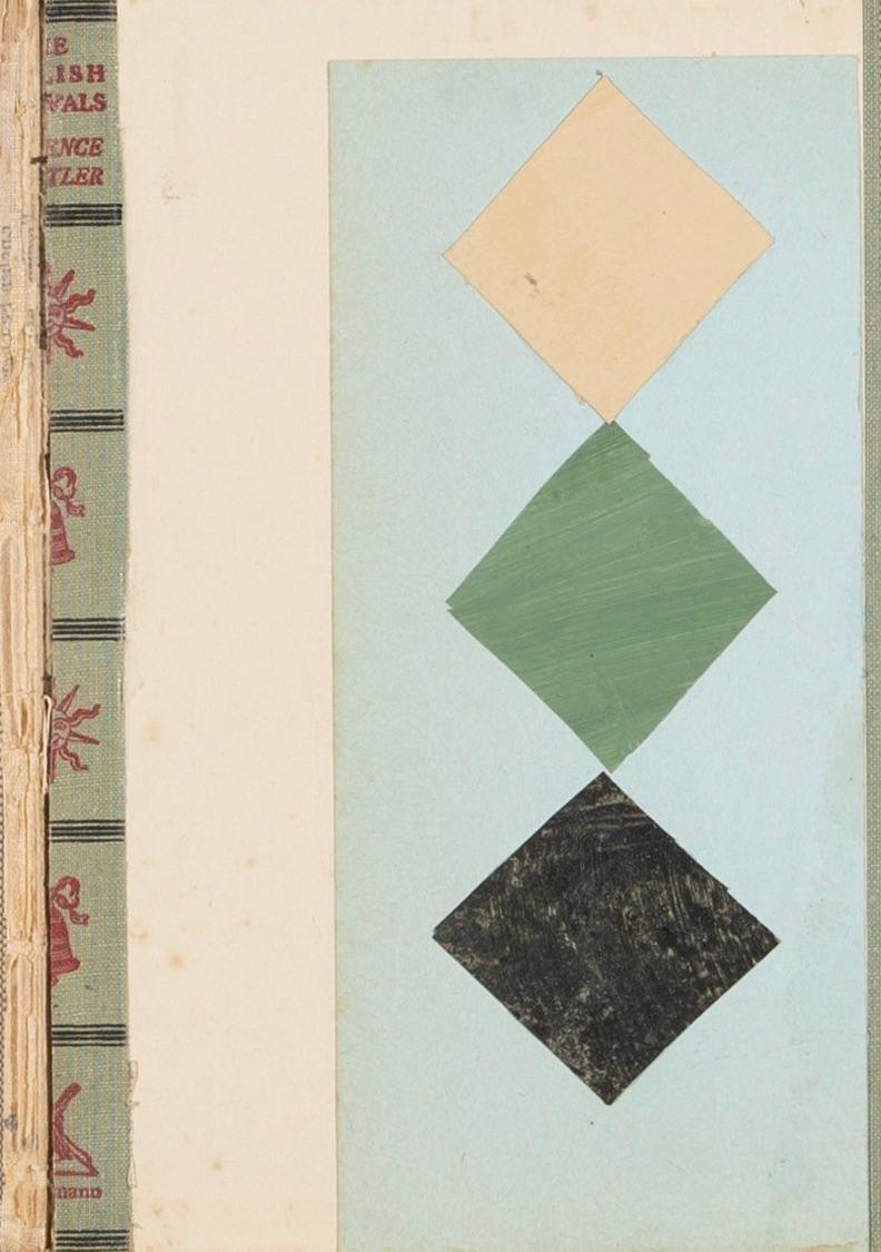 Abstract Painting de Daisy Cook - Diamantes, 2024 - Pintura al óleo abstracta geométrica y collage sobre cubierta de libro encontrado